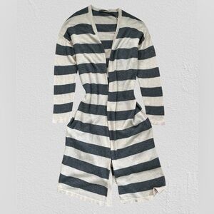 Caroline Grace Striped Gray and Cream Cotton Cashemire Mininalist Cardigan M